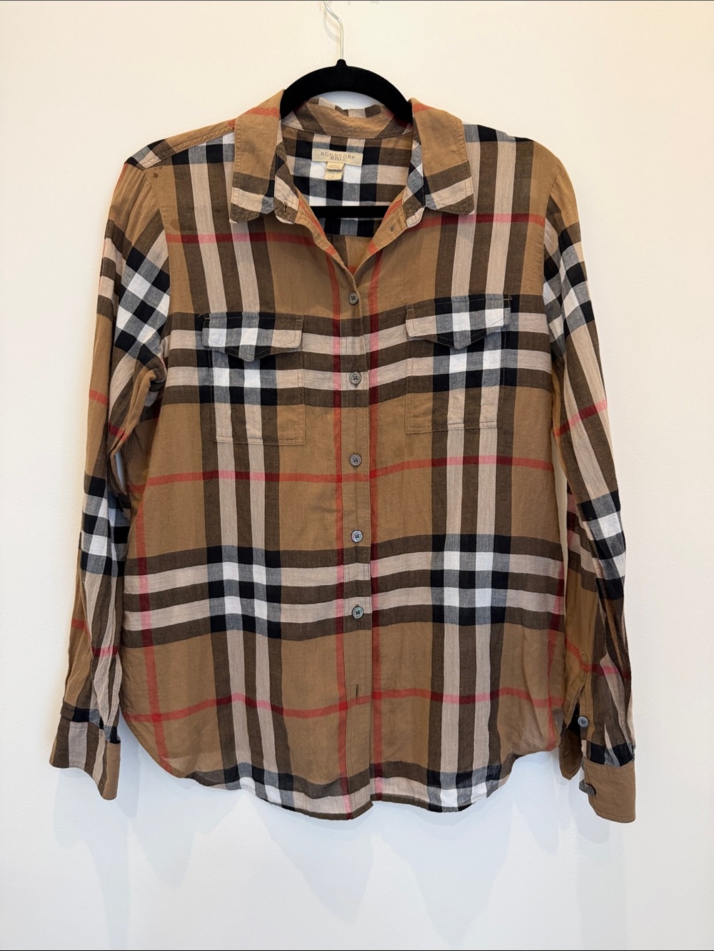 Burberry Tan Plaid Button-Down Shirt with Black & White Accents
